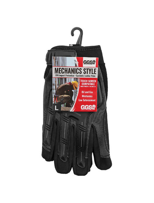 Mechanics Black AireFlex® Synthetic Leather Palm, TPR Impact Protection, Touch Screen Compatible Index Finger & Thumb Tip, Pull Tab, Neoprene Cuff w/Hook & Loop Closure