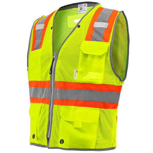 FrogWear® Cl. 2 Hi-Vis Lime Premium Polyester Surveyors Vest, 3M™ Reflective Material, D-Ring Pass Through Opening