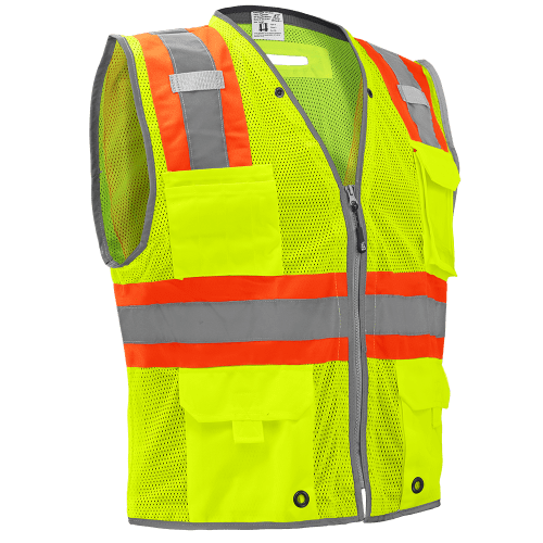 FrogWear® Cl. 2 Hi-Vis Lime Premium Polyester Surveyors Vest, 3M™ Reflective Material, D-Ring Pass Through Opening