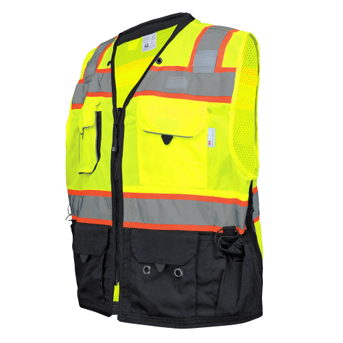 FrogWear® Cl. 2 Premium Hi-Vis Polyester/Mesh Surveyors, Contrasting Reflective, Black Bottom Front, Zipper Closure