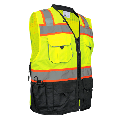 FrogWear® Cl. 2 Premium Hi-Vis Polyester/Mesh Surveyors, Contrasting Reflective, Black Bottom Front, Zipper Closure