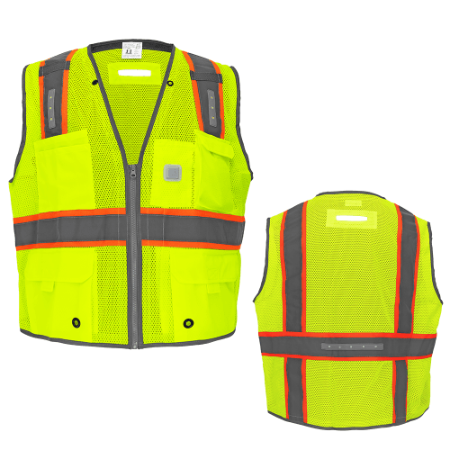 FrogWear® Cl. 2 Hi-Vis Lime Premium LED Surveyors, Contrasting Reflective, D-Ring Pass Through Opening, Zipper Closure