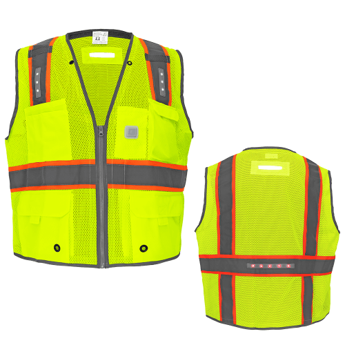 FrogWear® Cl. 2 Hi-Vis Lime Premium LED Surveyors, Contrasting Reflective, D-Ring Pass Through Opening, Zipper Closure