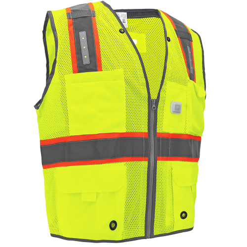 FrogWear® Cl. 2 Hi-Vis Lime Premium LED Surveyors, Contrasting Reflective, D-Ring Pass Through Opening, Zipper Closure
