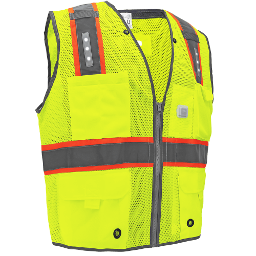FrogWear® Cl. 2 Hi-Vis Lime Premium LED Surveyors, Contrasting Reflective, D-Ring Pass Through Opening, Zipper Closure