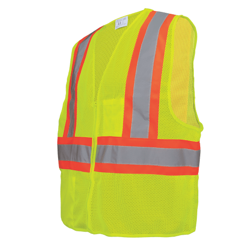 FrogWear® Cl. 2 Hi-Vis Lime Lightweight Mesh Polyester Vest w/Contrasting Orange Trim, Zipper Closure