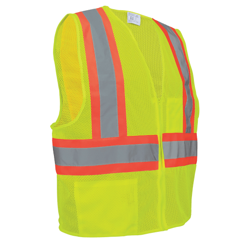 FrogWear® Cl. 2 Hi-Vis Lime Lightweight Mesh Polyester Vest w/Contrasting Orange Trim, Zipper Closure