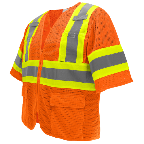 FrogWear® - Cl. 3 Orange Mesh Safety Vest, Contrasting Reflective, 4 Front & 2 Inside Pockets, Tab/Radio/Mic Holders, Zipper Closure