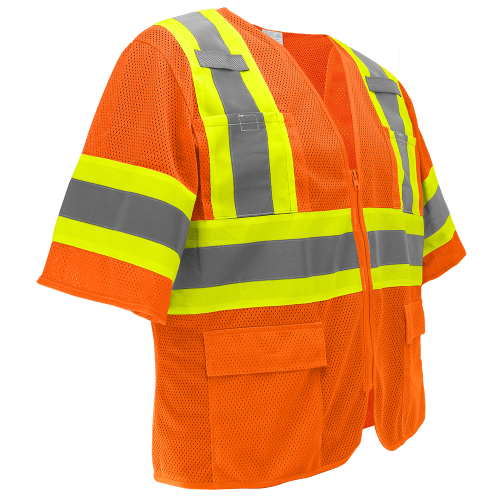 FrogWear® - Cl. 3 Orange Mesh Safety Vest, Contrasting Reflective, 4 Front & 2 Inside Pockets, Tab/Radio/Mic Holders, Zipper Closure