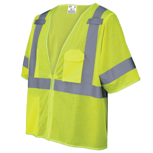 FrogWear® Cl. 3 Lime Hi-Vis Self-Extinguishing Hi-Vis Short-Sleeved Safety Vest, Zipper Closure
