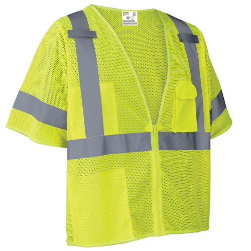 FrogWear® Cl. 3 Lime Hi-Vis Self-Extinguishing Hi-Vis Short-Sleeved Safety Vest, Zipper Closure