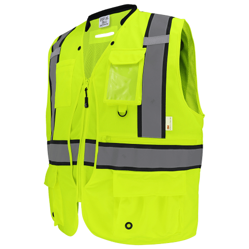 FrogWear® Cl. 2 Hi-Vis Lime"Kitchen Sink" Premium Surveyors Vest, 3M™ Reflective Material, 8 Pockets, D-Ring Pass Through Opening