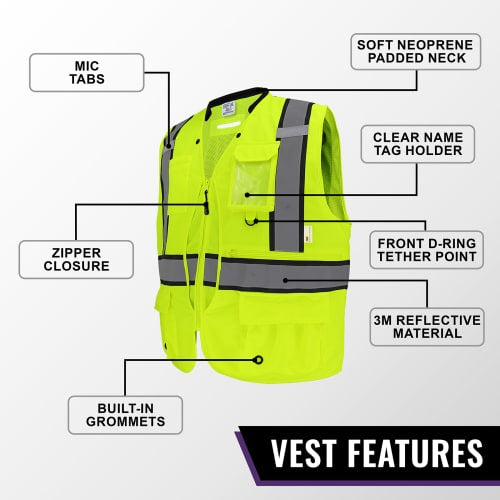 FrogWear® Cl. 2 Hi-Vis Lime"Kitchen Sink" Premium Surveyors Vest, 3M™ Reflective Material, 8 Pockets, D-Ring Pass Through Opening