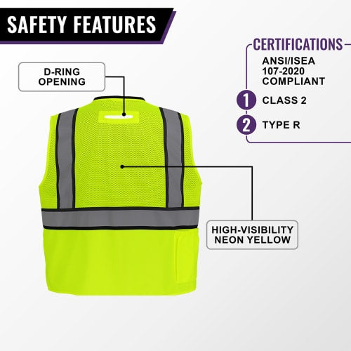 FrogWear® Cl. 2 Hi-Vis Lime"Kitchen Sink" Premium Surveyors Vest, 3M™ Reflective Material, 8 Pockets, D-Ring Pass Through Opening