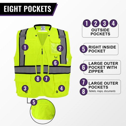 FrogWear® Cl. 2 Hi-Vis Lime"Kitchen Sink" Premium Surveyors Vest, 3M™ Reflective Material, 8 Pockets, D-Ring Pass Through Opening