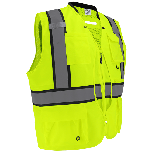 FrogWear® Cl. 2 Hi-Vis Lime"Kitchen Sink" Premium Surveyors Vest, 3M™ Reflective Material, 8 Pockets, D-Ring Pass Through Opening