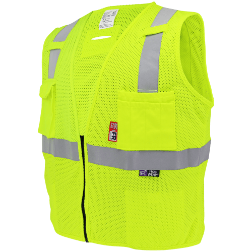 FrogWear® HV Flame-Resistant High-Visibility Lime Surveyors Safety Vest, Silver FR Reflective Material, Black FR Zipper Closure