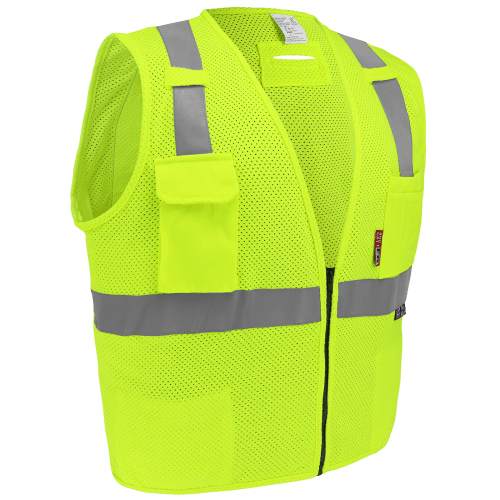 FrogWear® HV Flame-Resistant High-Visibility Lime Surveyors Safety Vest, Silver FR Reflective Material, Black FR Zipper Closure