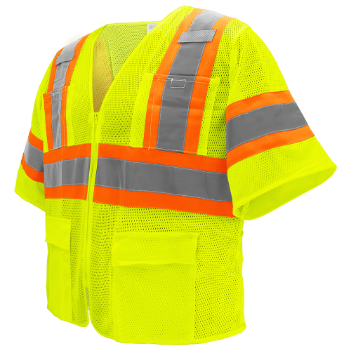 FrogWear® Cl. 3 Lime Mesh Safety Vest, Contrasting Reflective, 4 Front & 2 Inside Pockets, Tab/Radio/Mic Holders, Zipper Closure
