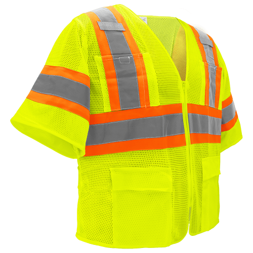FrogWear® Cl. 3 Lime Mesh Safety Vest, Contrasting Reflective, 4 Front & 2 Inside Pockets, Tab/Radio/Mic Holders, Zipper Closure