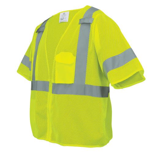 FrogWear® ANSI Cl. 3 Lime Mesh Safety Vest, Silver Reflective, Mic Holders, Zipper Closure, 3 Pockets