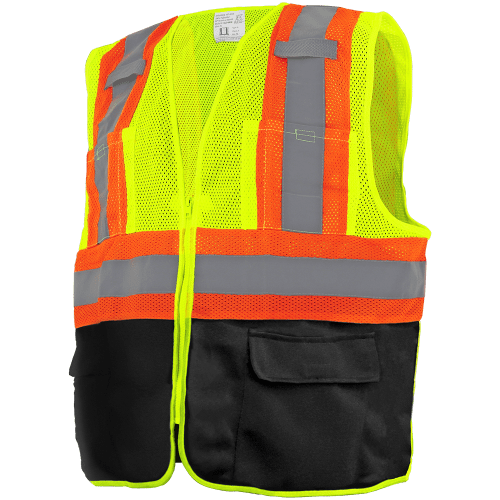 FrogWear Cl. 2 Hi-Vis Lime Mesh Polyester Surveyors Safety Vest, Black Bottom Front, Contrasting Reflective