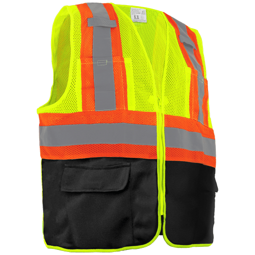 FrogWear Cl. 2 Hi-Vis Lime Mesh Polyester Surveyors Safety Vest, Black Bottom Front, Contrasting Reflective