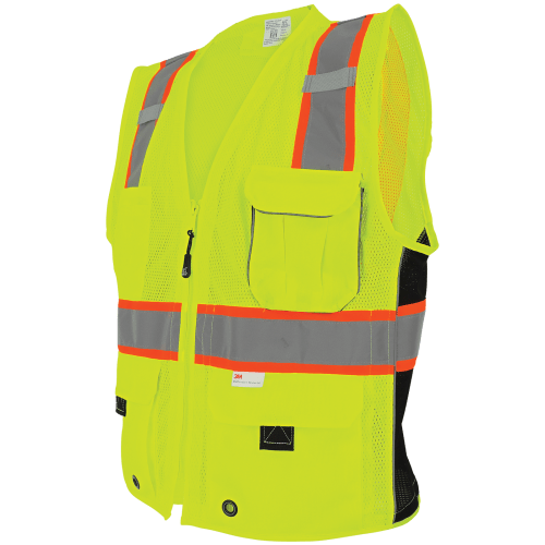 FrogWear Cl. 2 Hi-Vis Lime Mesh Polyester Surveyors Safety Vest, Contrasting Reflective, D-Ring Pass Through Opening