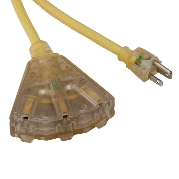 6' Extension Cord w/Lighted End & 3 13amp, 12/3 Gauge, Yellow