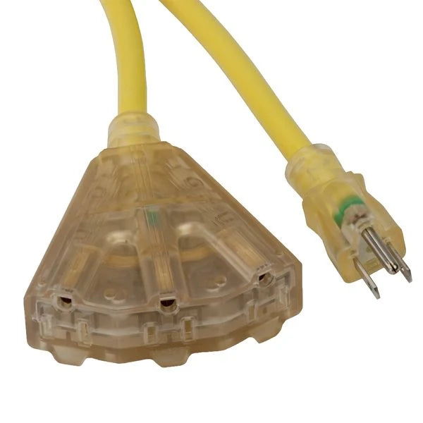 100' Extension Cord w/Lighted End & 3 Outlet, 15amp, 12/3 Gauge, Yellow
