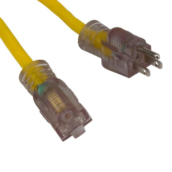 25' Extension Cord w/Single Lighted Outlet, 15amp, 14/3 Gauge, Yellow