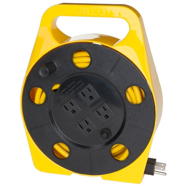Quad Tap Extension Cord - 25' 16/3 SJT Extension Cord, 4 Separate Grounded Outlets, on Reel, Yellow
