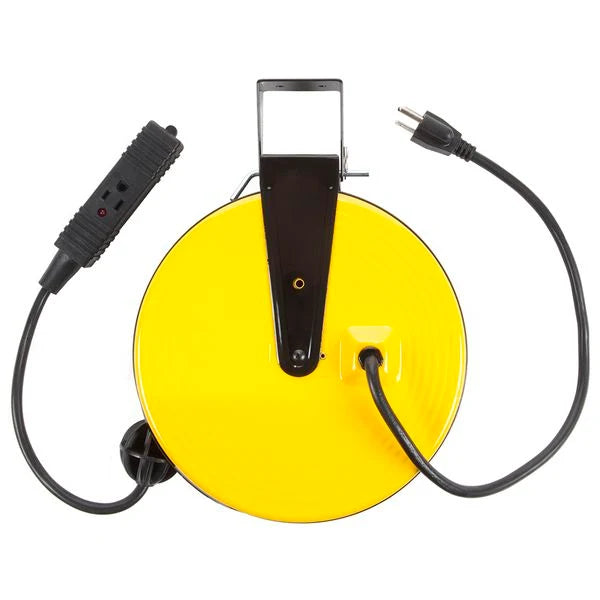 Triple-Tap Extension Cord - 30' 16/3 SJT Cord on Metal Retractable Reel, Yellow