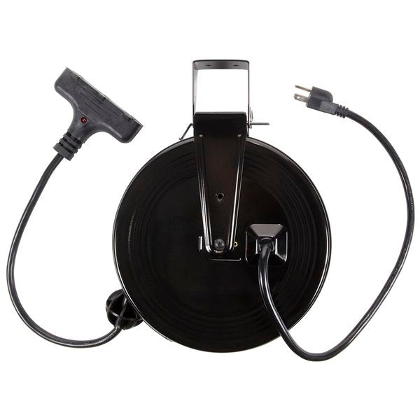 Triple-Tap Extension Cord - 30' 14/3 SJT Cord on Metal Retractable Reel, Black