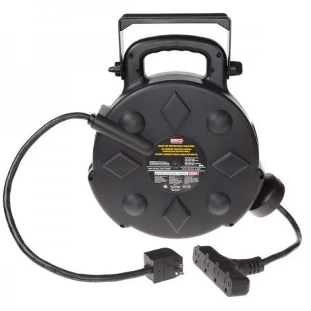 Professional Quad-Tap Extension Cord - 50' 12/3 on Retractable Reel, Black