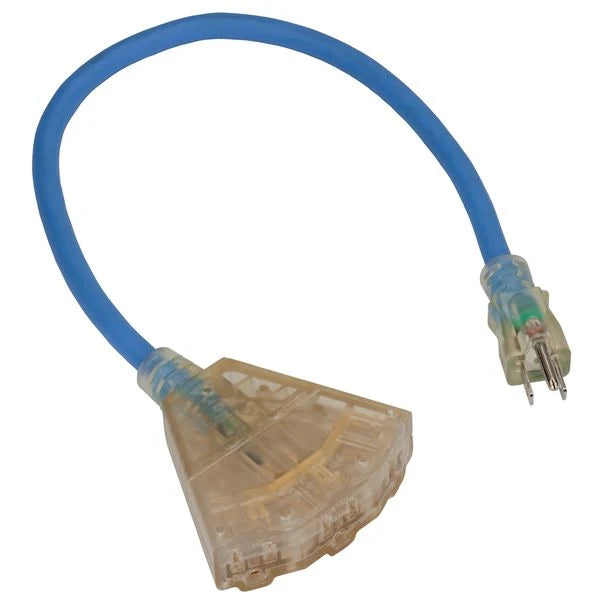 2' Cold Weather Extension Cord w/Lighted End & 3 Outlet, 15amp, 12/3 Gauge, Blue