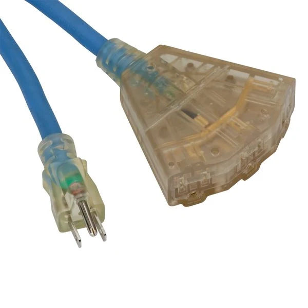 50' Cold Weather Extension Cord w/Lighted End & 3 Outlet, 15amp, 12/3 Gauge, Blue