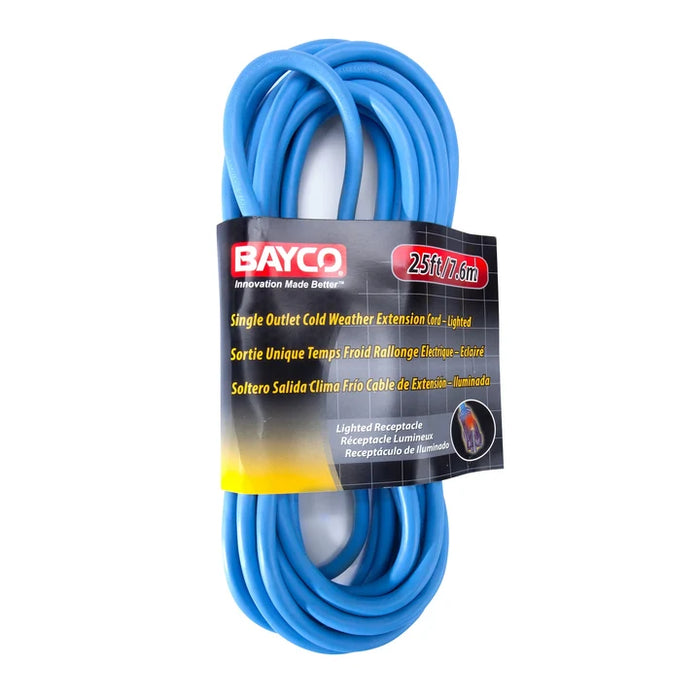 25' Cold Weather Extension Cord w/Single Lighted Outlet, 15amp, 14/3 Gauge, Blue