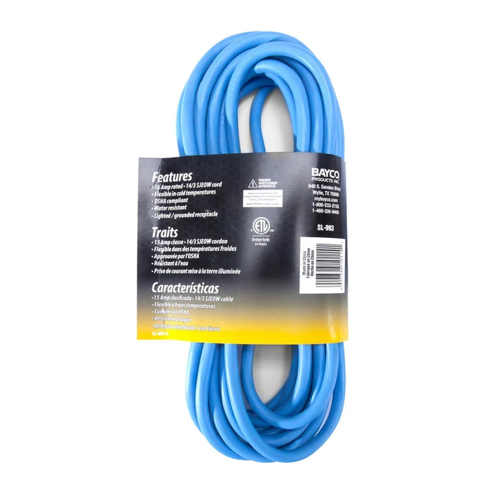 25' Cold Weather Extension Cord w/Single Lighted Outlet, 15amp, 14/3 Gauge, Blue