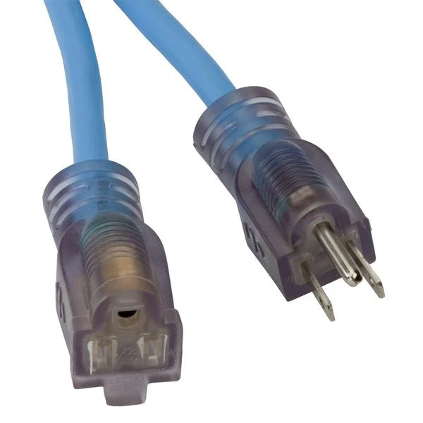 25' Cold Weather Extension Cord w/Single Lighted Outlet, 15amp, 14/3 Gauge, Blue