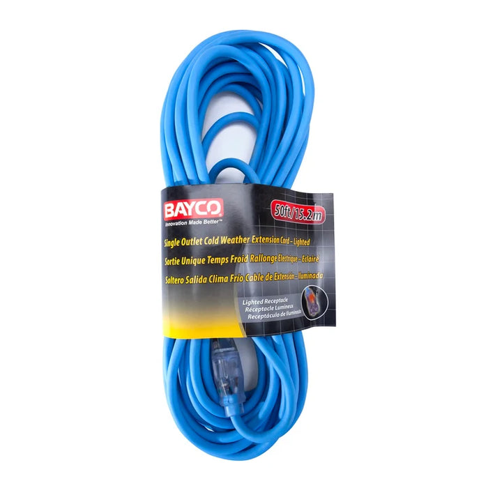 50' Cold Weather Extension Cord w/Single Lighted Outlet, 15amp, 14/3 Gauge, Blue