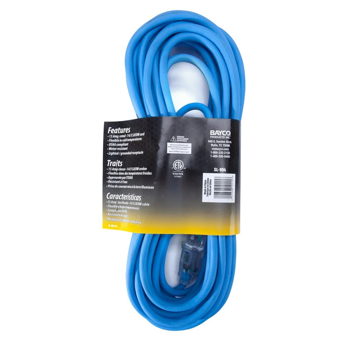50' Cold Weather Extension Cord w/Single Lighted Outlet, 15amp, 14/3 Gauge, Blue