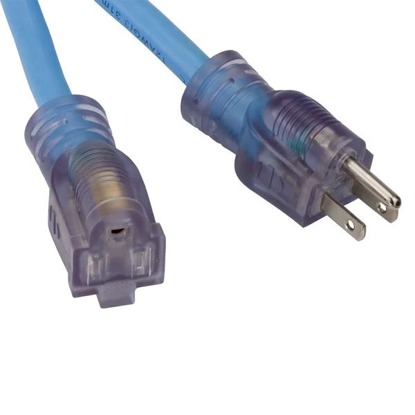 50' Cold Weather Extension Cord w/Single Lighted Outlet, 15amp, 12/3 Gauge, Blue