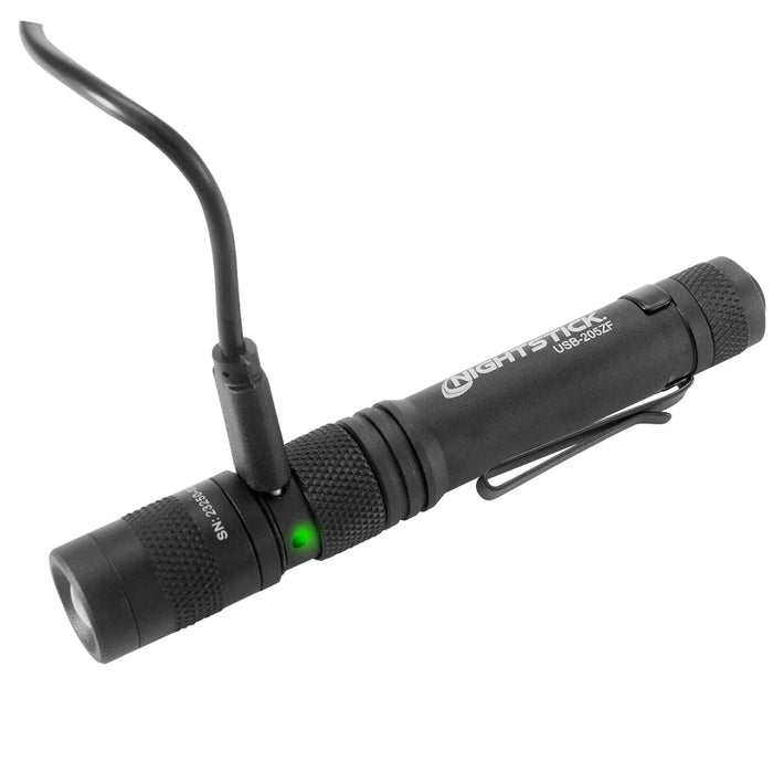 Metal USB Zoom Focus Flashlight, Rechargeable Penlight, 200 Lumens, Li-ion, Black