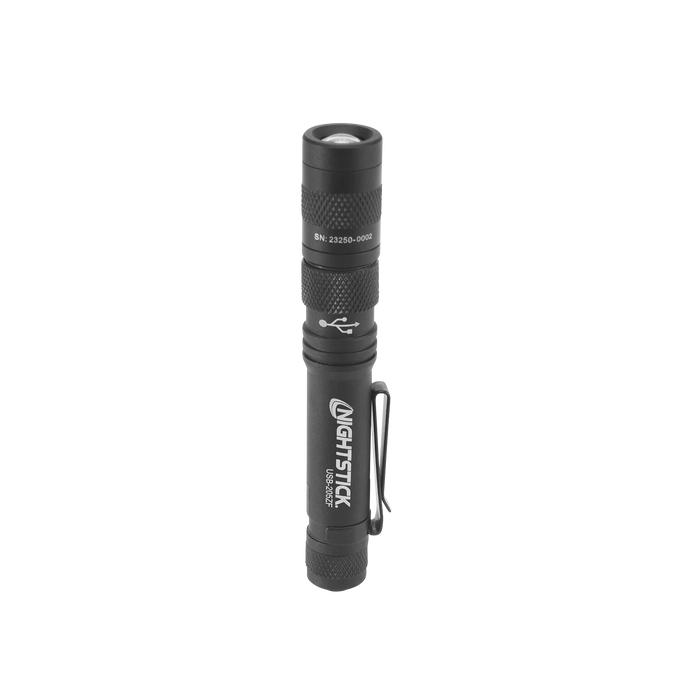Metal USB Zoom Focus Flashlight, Rechargeable Penlight, 200 Lumens, Li-ion, Black