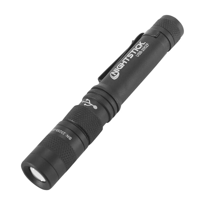 Metal USB Zoom Focus Flashlight, Rechargeable Penlight, 200 Lumens, Li-ion, Black
