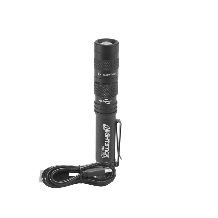 Metal USB Zoom Focus Flashlight, Rechargeable Penlight, 200 Lumens, Li-ion, Black