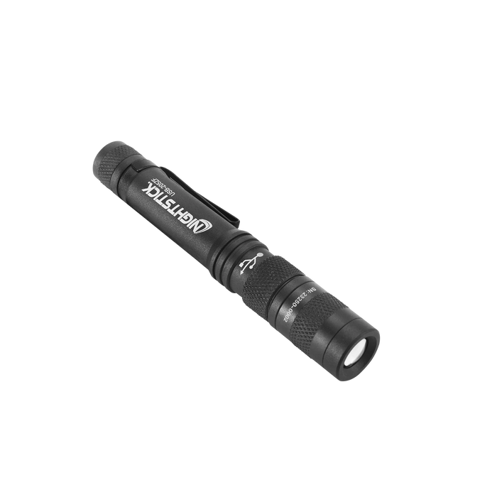 Metal USB Zoom Focus Flashlight, Rechargeable Penlight, 200 Lumens, Li-ion, Black