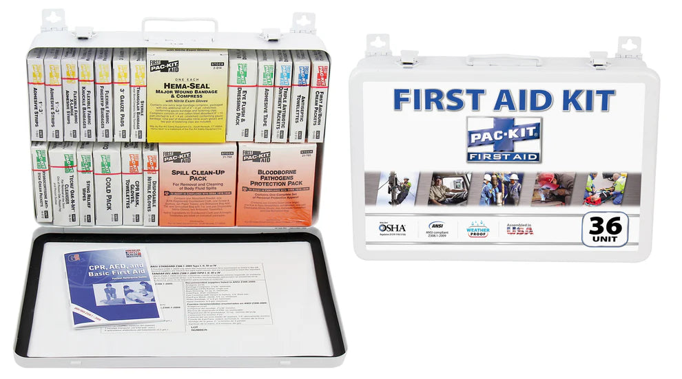 36 Unit First Aid Kit with BBP and CPR, Metal Case — Safety & Packaging ...
