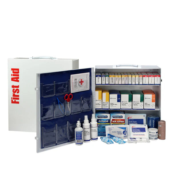 100 Person 3 Shelf First Aid Metal Cabinet, ANSI B+, Type I & II with Medication, ANSI 2015 Compliant